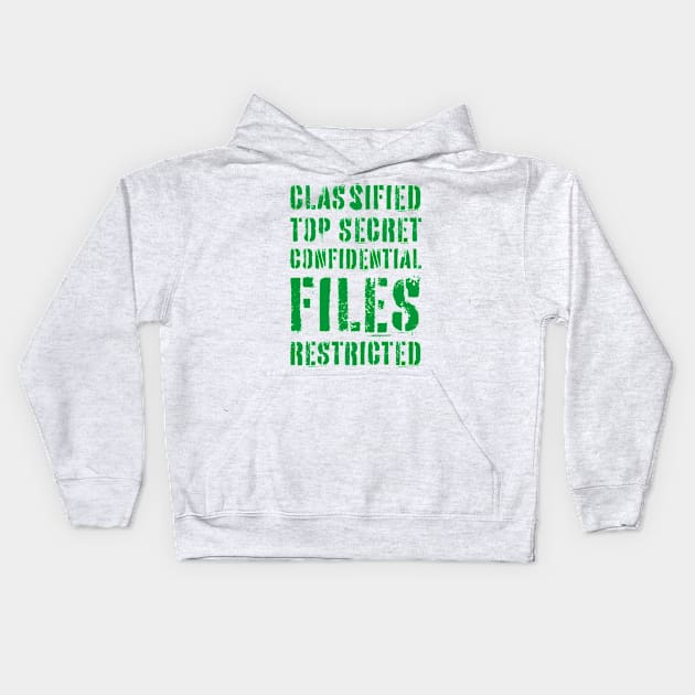 Classified Files Typography Stack (Green) Kids Hoodie by John Uttley